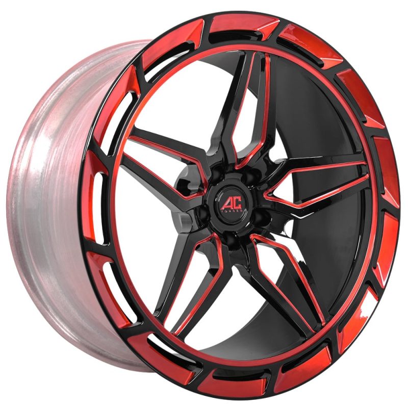 22X9/10.5" AC FORGED WHEELS ACM4 GLOSS BLACK WITH RED ACCENTS AERO DISC LIP MONOBLOCK FORGED RIMS (BLANK, CUSTOM OFFSET)